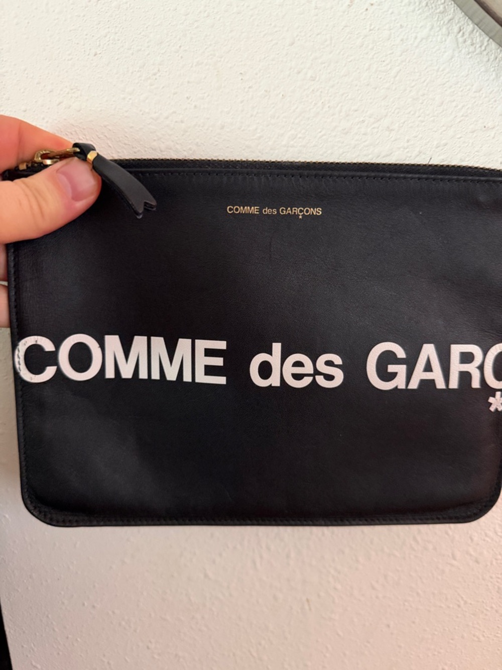 Comme des Garçons Black Leather Logo Pouch with White Print